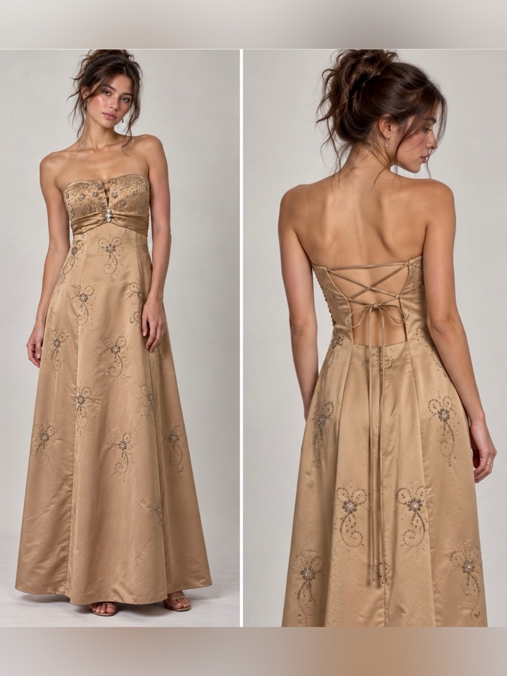 Y2K Champagne Beaded Strapless Prom Dress S Laced Up Corset Back Bling Vintage